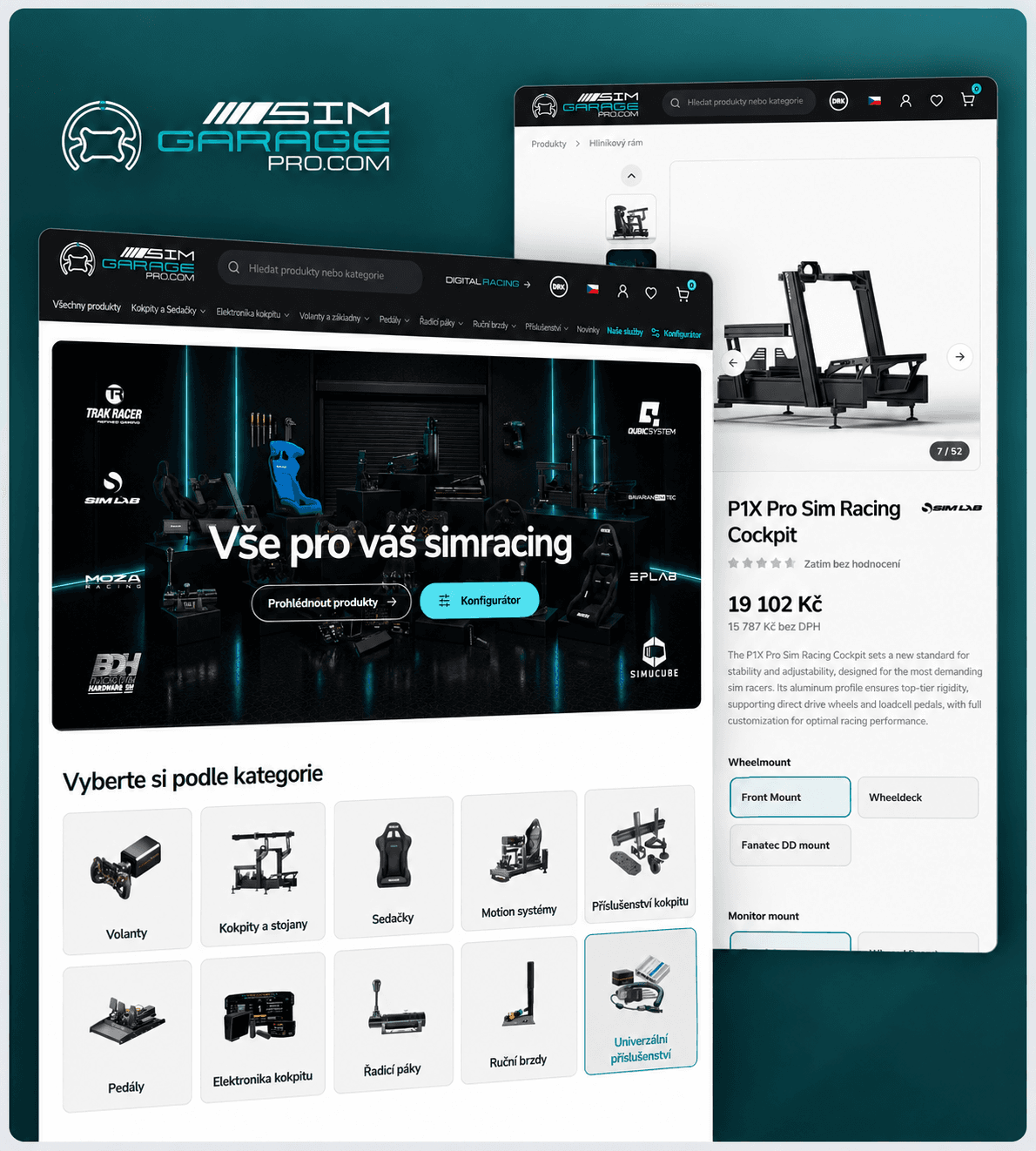 SimGarage – e-shop se simracing vybavením a detail kokpitu